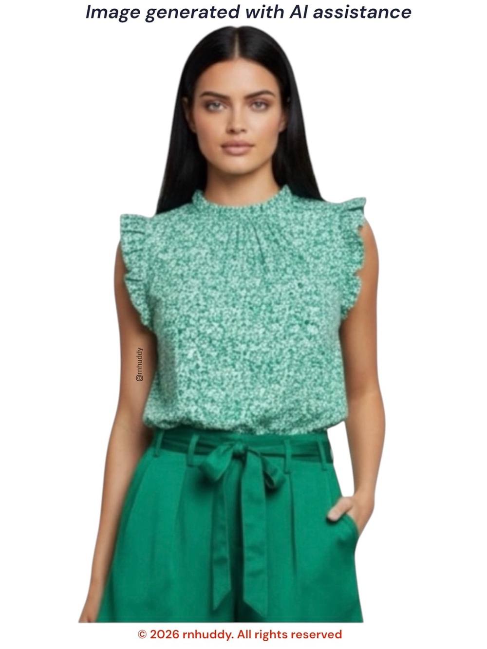 Adrianna Papell L green & white floral ruffle sleeve top